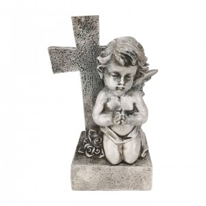 Polyresinový šedý klečící anděl u kříže, 8,5 x 5,5 x 13 cm, sada 2ks