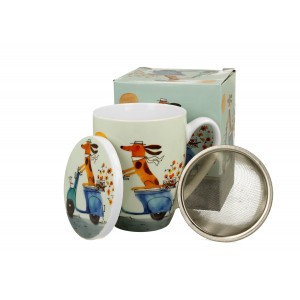Porcelánový hrnek se sítkem Psí svět PES NA SKÚTRU, 360 ml