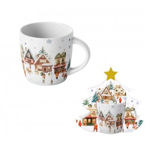 Porcelánový hrnek VÁNOČNÍ VESNICE 400 ml v papírovém košíku ve tvaru stromečku