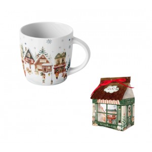 Porcelánový hrnek VÁNOČNÍ VESNICE 400 ml v papírovém domečku