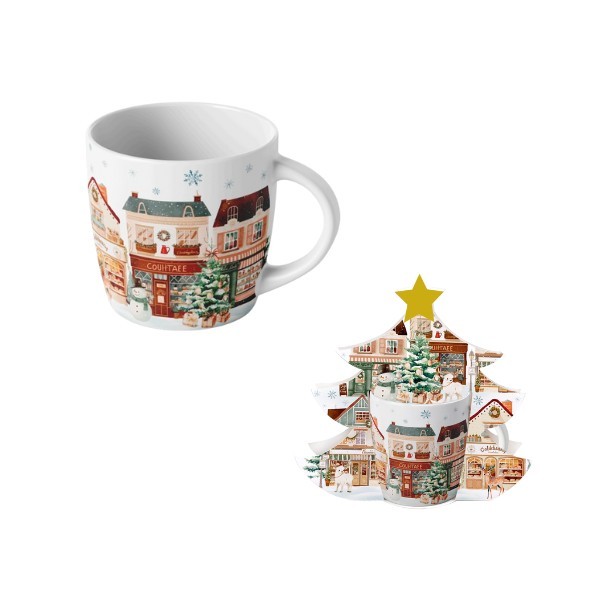 Porcelánový hrnek VÁNOČNÍ MĚSTO 2, 400 ml v papírovém košíku ve tvaru stromečku