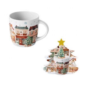 Porcelánový hrnek VÁNOČNÍ MĚSTO 2, 400 ml v papírovém košíku ve tvaru stromečku