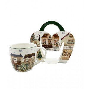 Porcelánový hrnek VÁNOČNÍ MĚSTO 2, 460 ml v papírovém košíku   