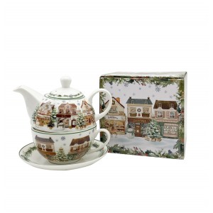 Porcelánová konvička s hrnkem a podšálkem VÁNOČNÍ MĚSTO 2 v krabičce 300/450 ml