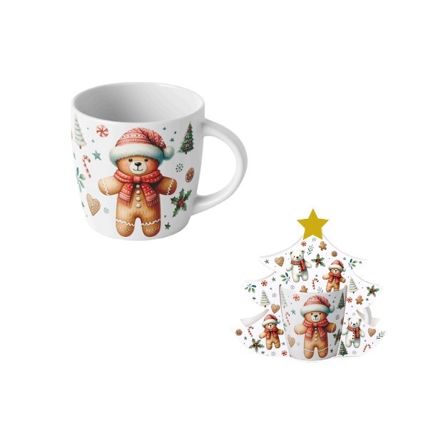 Porcelánový hrnek VÁNOČNÍ PERNÍČEK MEDVĚD, 400 ml v papírovém košíku ve tvaru stromečku   