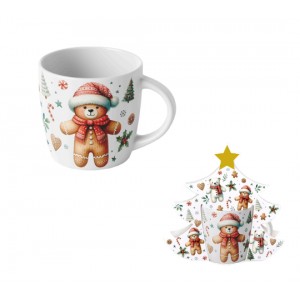 Porcelánový hrnek VÁNOČNÍ PERNÍČEK MEDVĚD, 400 ml v papírovém košíku ve tvaru stromečku   