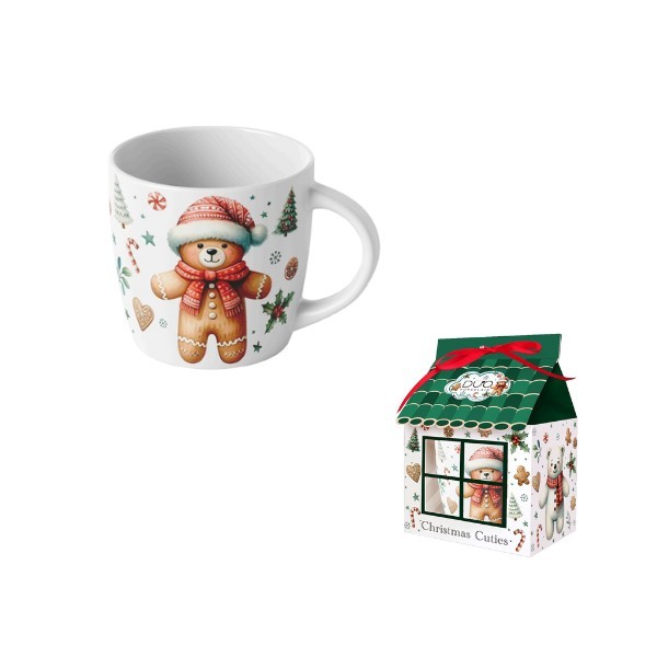 Porcelánový hrnek VÁNOČNÍ PERNÍČEK MEDVĚD, 400 ml v papírovém domečku