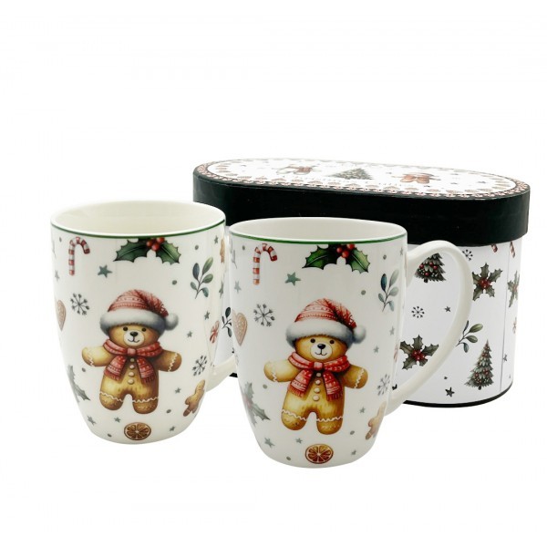 Sada 2ks porcelánových hrnků VÁNOČNÍ PERNÍČEK MEDVĚD, 360 ml