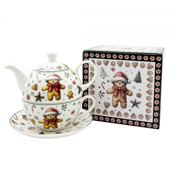 Porcelánová konvička s hrnkem a podšálkem VÁNOČNÍ PERNÍČEK MEDVĚD v krabičce 300/450 ml
