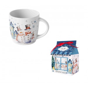 Porcelánový hrnek SNĚHULÁK, 400 ml v papírovém domečku