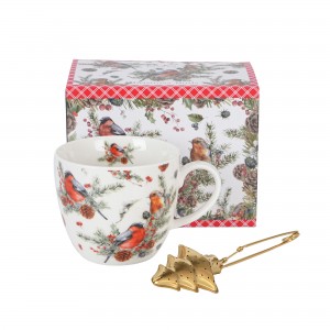 Porcelánový hrnek VÁNOČNÍ PTÁČCI 1, 460 ml v krabičce s kovovým sítkem na čaj