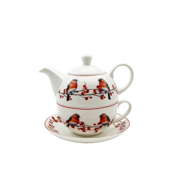 Porcelánová konvička s hrnkem a podšálkem VÁNOČNÍ PTÁČCI 3 v krabičce 300/450 ml