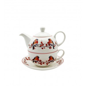 Porcelánová konvička s hrnkem a podšálkem VÁNOČNÍ PTÁČCI 3 v krabičce 300/450 ml