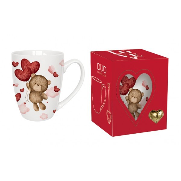 Porcelánový hrnek MEDVĚD S BALÓNY 350 ml s louhovačem v krabičce