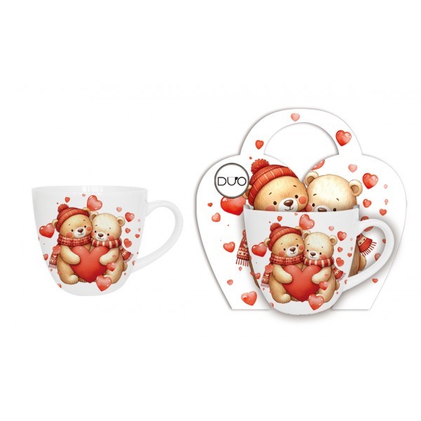 Porcelánový hrnek MEDVĚDI SE SRDÍČKY 460 ml v papírovém košíku