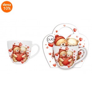 Porcelánový hrnek MEDVĚDI SE SRDÍČKY 460 ml v papírovém košíku