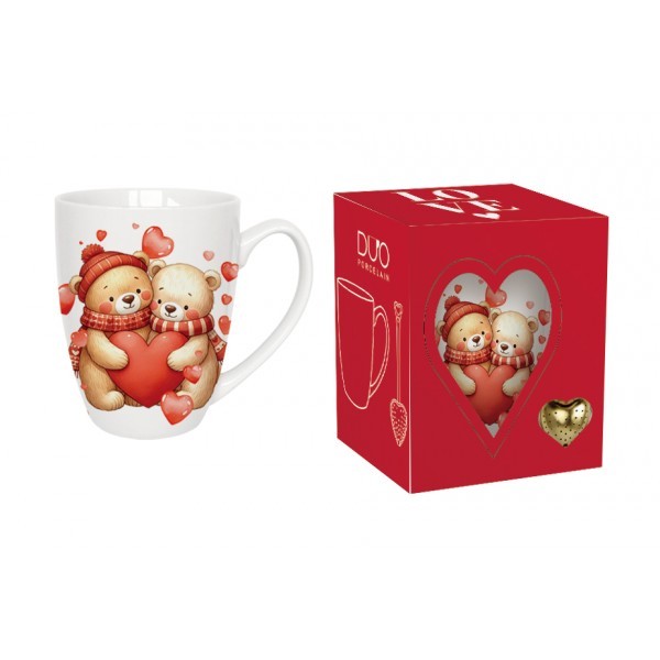 Porcelánový hrnek MEDVĚDI SE SRDÍČKY 350 ml s louhovačem v krabičce