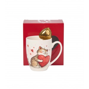 Porcelánový hrnek KOČKA SE SRDCEM 350 ml s louhovačem v krabičce