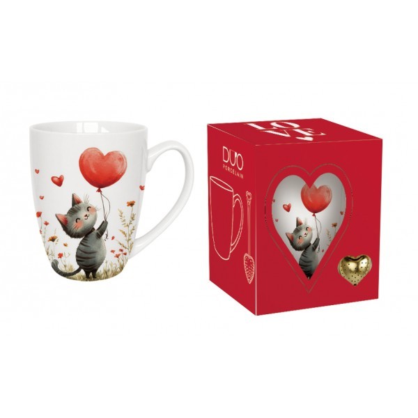 Porcelánový hrnek KOČKA S BALÓNKEM 350 ml s louhovačem v krabičce