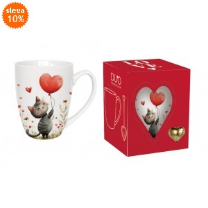Porcelánový hrnek KOČKA S BALÓNKEM 350 ml s louhovačem v krabičce
