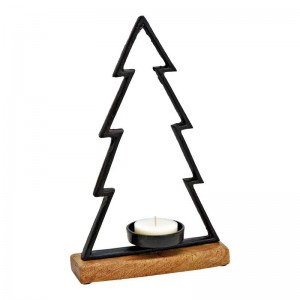 Kovový stojan na svíčku stromeček na dřevěném mango podstavci – stromeček 33 cm