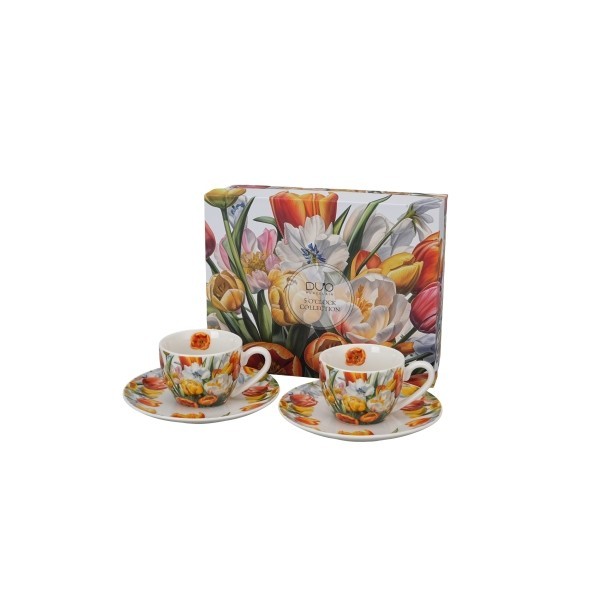 Sada 2 porcelánových hrnků s podšálky TULIPÁNY 110 ml