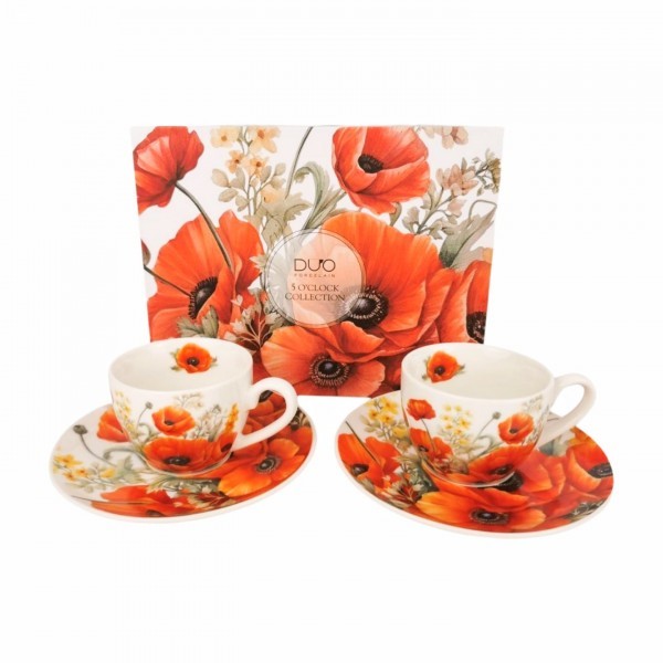 Sada 2 porcelánových hrnků s podšálky MÁKY 2