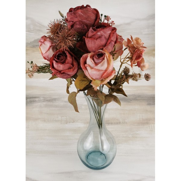 Umělá kytice růže / bodláky / hortenzie 33 x 23 cm - tmavě růžová