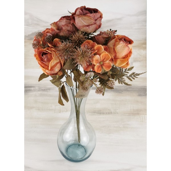 Umělá kytice růže / bodláky / hortenzie 33 x 23 cm - oranžová