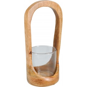 Svícen z mangového dřeva a skla – 11,5 × 25 cm