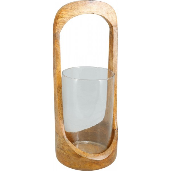 Svícen z mangového dřeva a skla – 16 × 37 cm