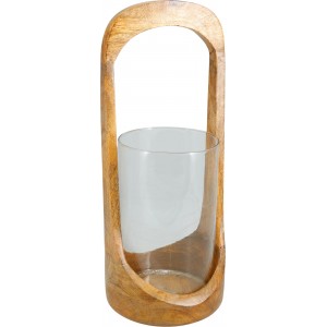 Svícen z mangového dřeva a skla – 16 × 37 cm