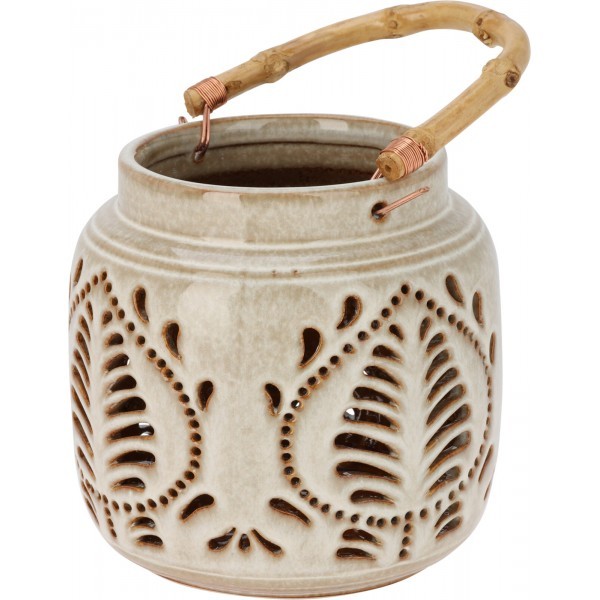 Porcelánová béžová lucerna s bambusovým úchytem, Ø 14 cm