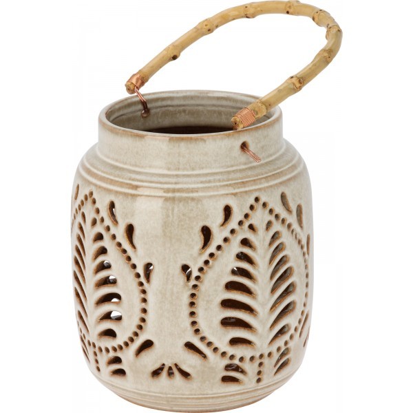 Porcelánová béžová lucerna s bambusovým úchytem, Ø 16 cm