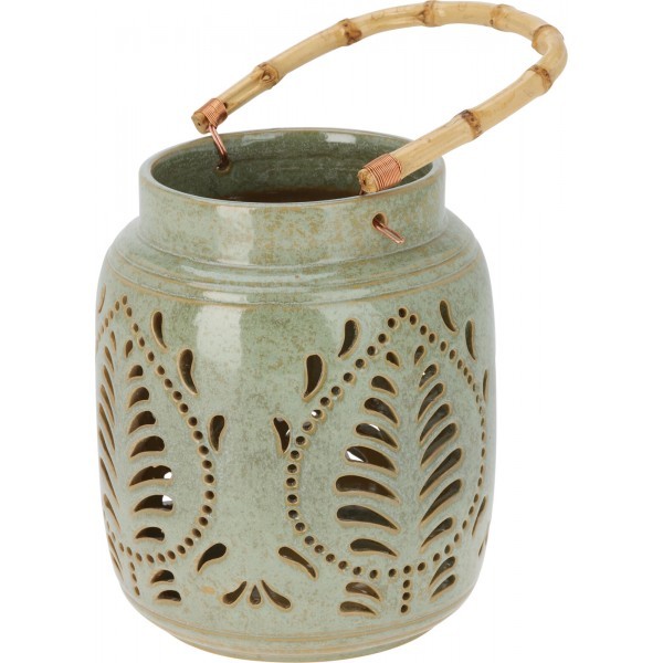 Porcelánová zelená lucerna s bambusovým úchytem, Ø 16 cm