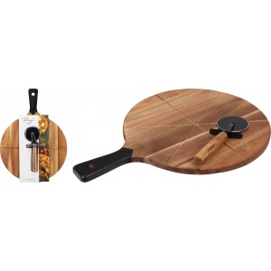 Pizza set 2 ks – akáciové kulaté prkénko + nerezový kráječ