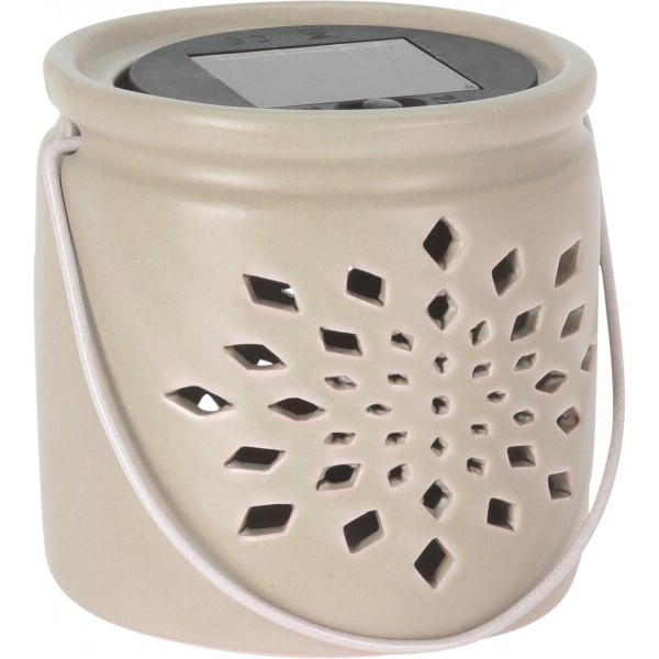 Solární LED porcelánová lucerna s výřezy – růžová, 11 cm