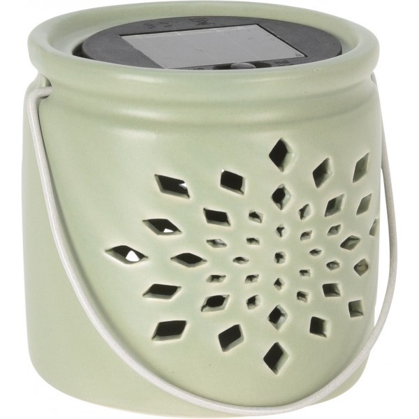 Solární LED porcelánová lucerna s výřezy – zelená, 11 cm