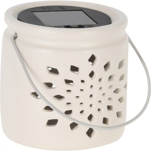 Solární LED porcelánová lucerna s výřezy – šedá, 11 cm