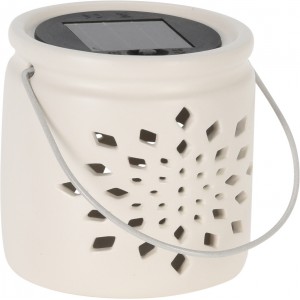 Solární LED porcelánová lucerna s výřezy – šedá, 11 cm