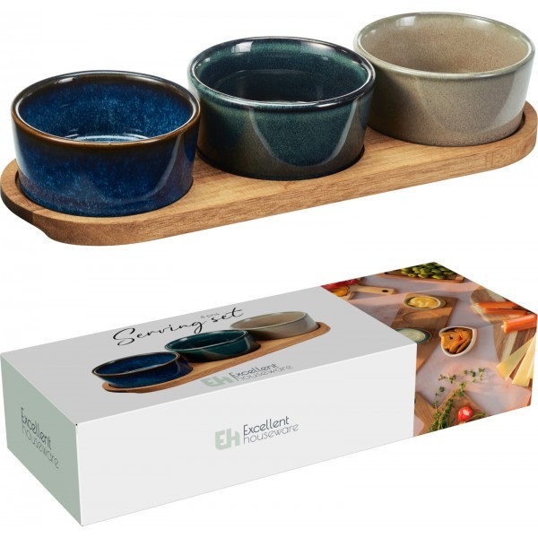 Servírovací set – 3 kameninové misky + akáciový podnos