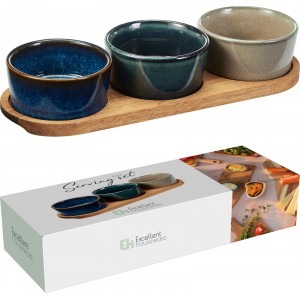 Servírovací set – 3 kameninové misky + akáciový podnos