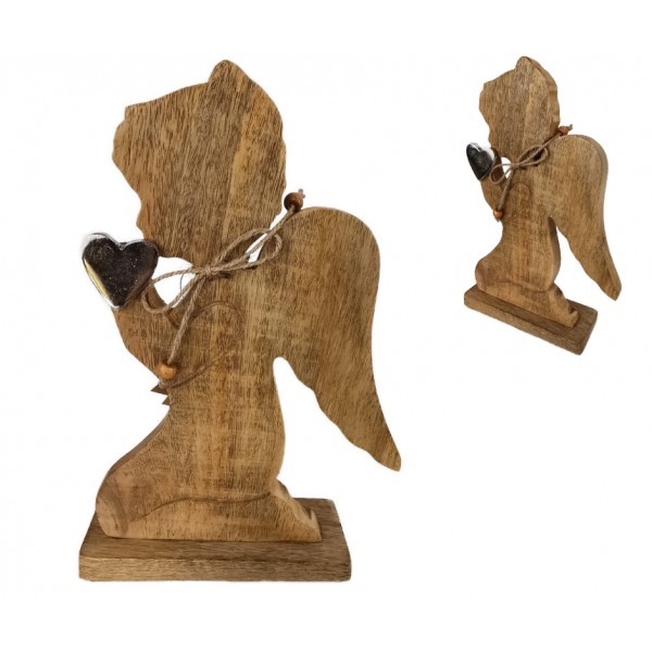 Dřevěný anděl s kovovým srdcem, 27,5 cm