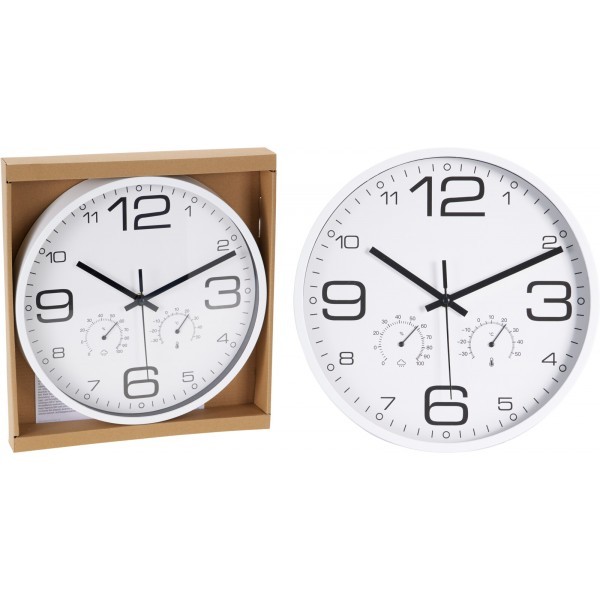 Nástěnné hodiny s teploměrem a vlhkoměrem – Ø 30,5 cm, bílé