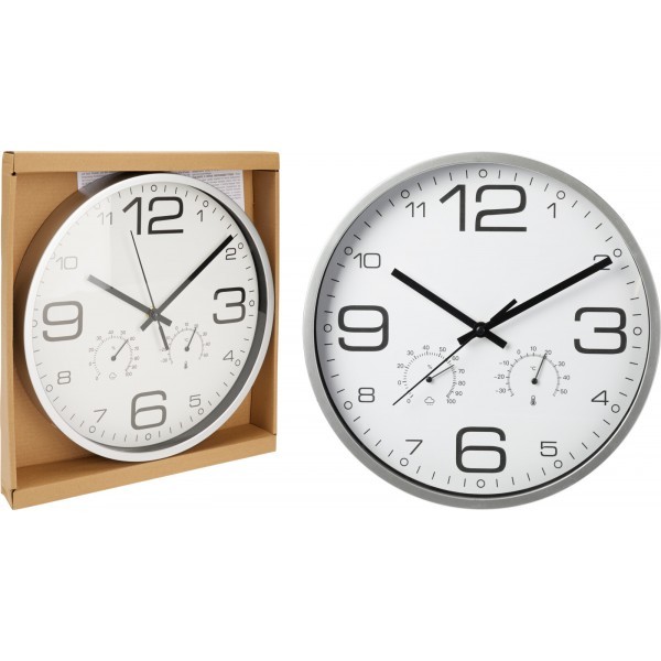 Nástěnné hodiny s teploměrem a vlhkoměrem – Ø 30,5 cm, stříbrné
