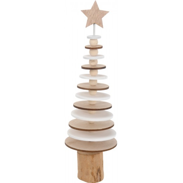 Dřevěná dekorace – bílý/přírodní stromek se hvězdou A, 23 cm