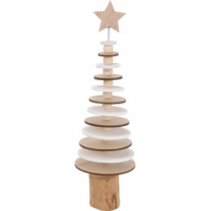 Dřevěná dekorace – bílý/přírodní stromek se hvězdou A, 23 cm