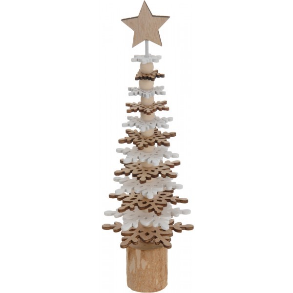 Dřevěná dekorace – bílý/přírodní stromek se hvězdou B, 23 cm