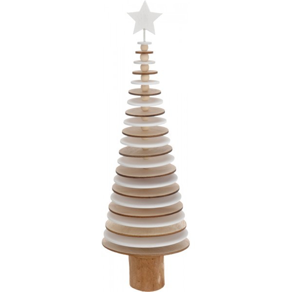 Dřevěná dekorace – bílý/přírodní stromek se hvězdou A, 37,5 cm