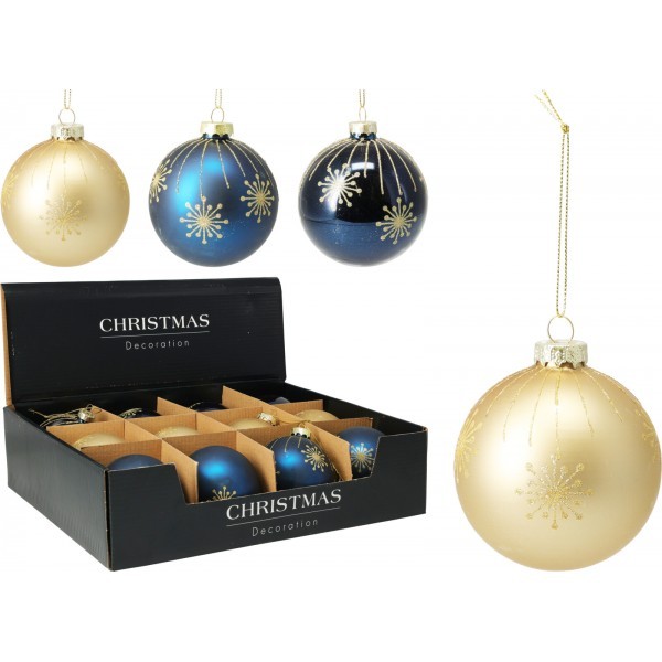 Skleněná baňka s ornamentem modrozlatá 8 cm, mix, sada 12 ks